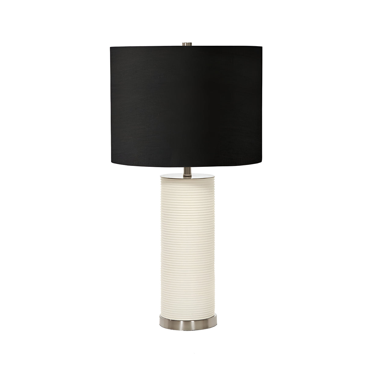 Illuminate your space with the Ripple 1 Light Table Lamp, featuring a contemporary cylindrical ribbed white base and a wide black shade. It elegantly rests on a small circular metallic base, seamlessly combining style and sophistication.