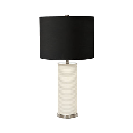 Illuminate your space with the Ripple 1 Light Table Lamp, featuring a contemporary cylindrical ribbed white base and a wide black shade. It elegantly rests on a small circular metallic base, seamlessly combining style and sophistication.