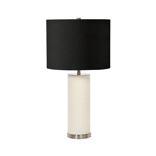 Illuminate your space with the Ripple 1 Light Table Lamp, featuring a contemporary cylindrical ribbed white base and a wide black shade. It elegantly rests on a small circular metallic base, seamlessly combining style and sophistication.