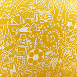 Close-up of the yellow reverse side of the Doodles Polycotton Duvet Cover Set, showing white line-drawn robots, animals, footballs and stars in a dense doodle pattern.
