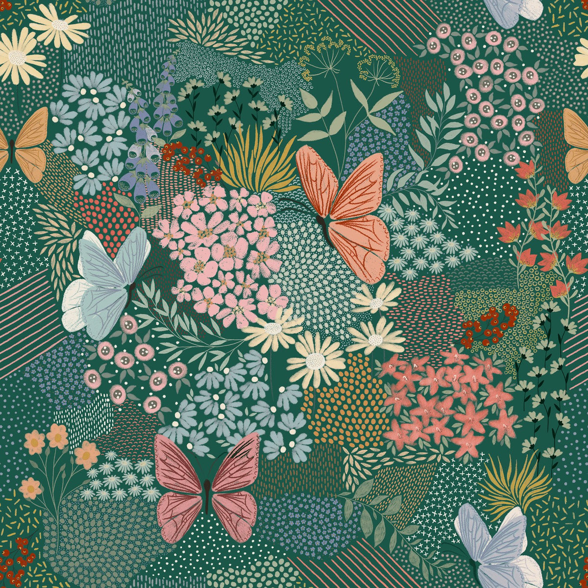 Forage Printed Floral Duvet Cover Set in teal, showing a patchwork-style print of coral, blue and amber butterflies among flowers, seed heads and grasses on a deep teal-green ground.