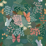 Forage Printed Floral Duvet Cover Set in teal, showing a patchwork-style print of coral, blue and amber butterflies among flowers, seed heads and grasses on a deep teal-green ground.