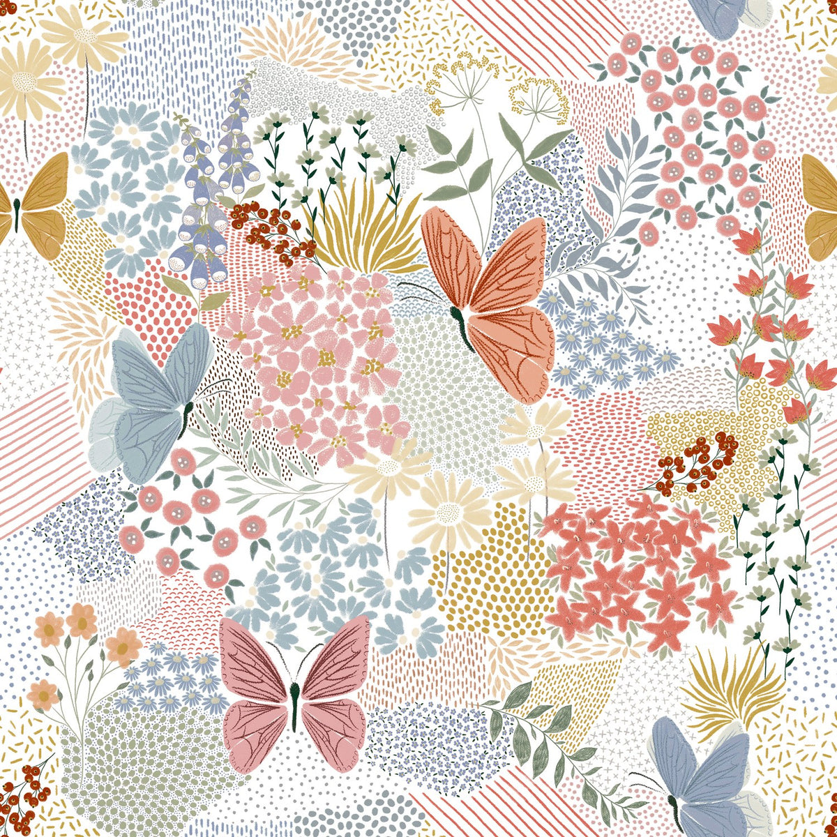 Forage Printed Floral Duvet Cover Set in teal, featuring coral, blue and amber butterflies amid a patchwork of flowers, seed heads and grasses on a deep green-teal ground.