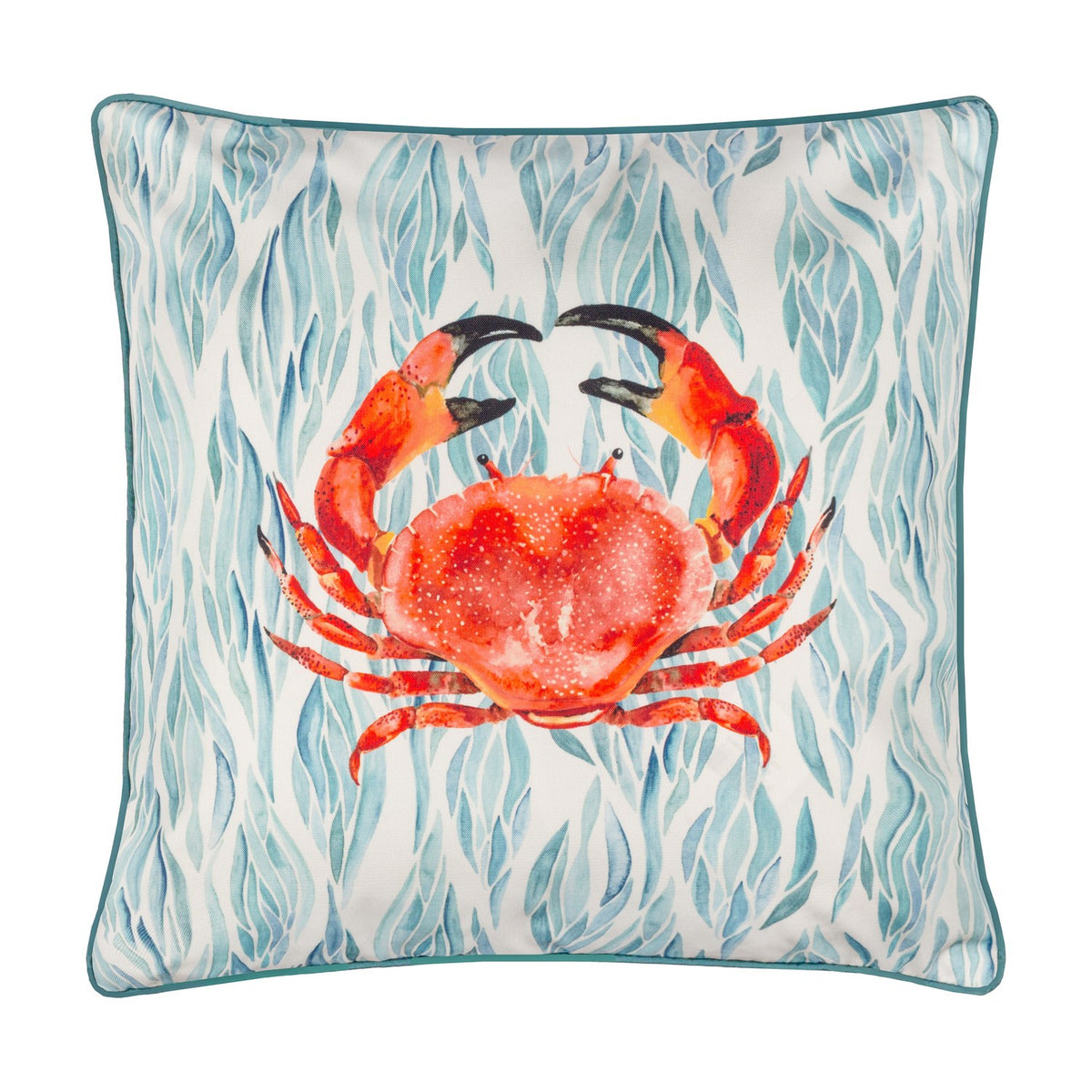 Abersoch Abstract polyester cushion in Marine, 45cm square with a red crab print on a blue and teal abstract seaweed background, teal piped edge, shown on a white background.