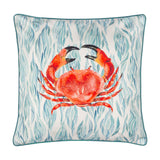Abersoch Abstract polyester cushion in Marine, 45cm square with a red crab print on a blue and teal abstract seaweed background, teal piped edge, shown on a white background.