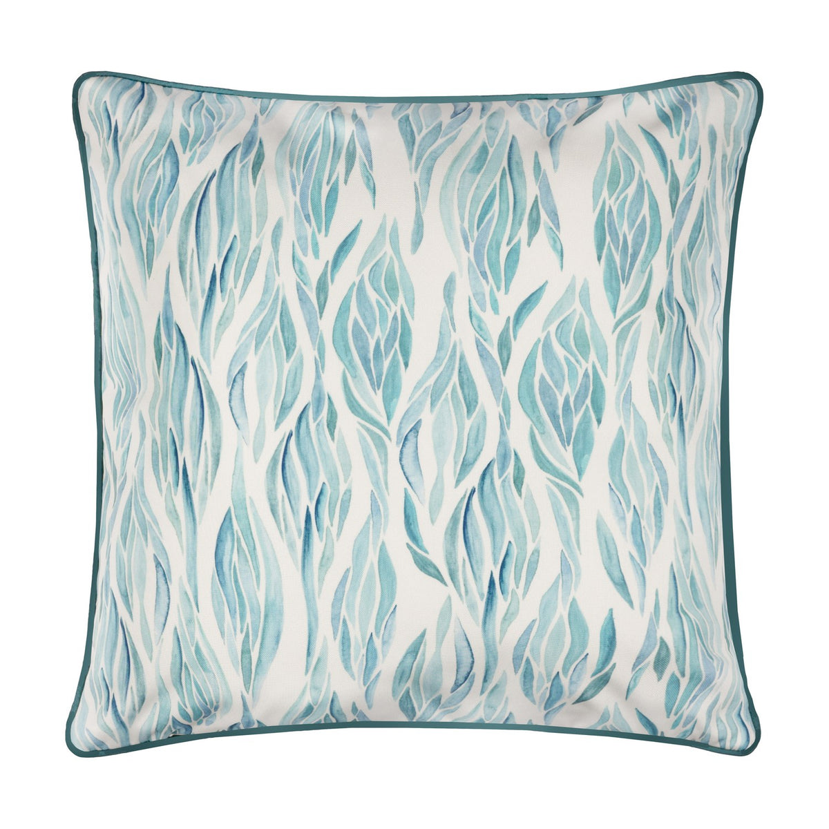 Abersoch Abstract polyester cushion in Marine, 45cm square with teal piping, showing a leaf-like blue and green abstract print on a white ground, plain background.
