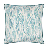 Abersoch Abstract polyester cushion in Marine, 45cm square with teal piping, showing a leaf-like blue and green abstract print on a white ground, plain background.