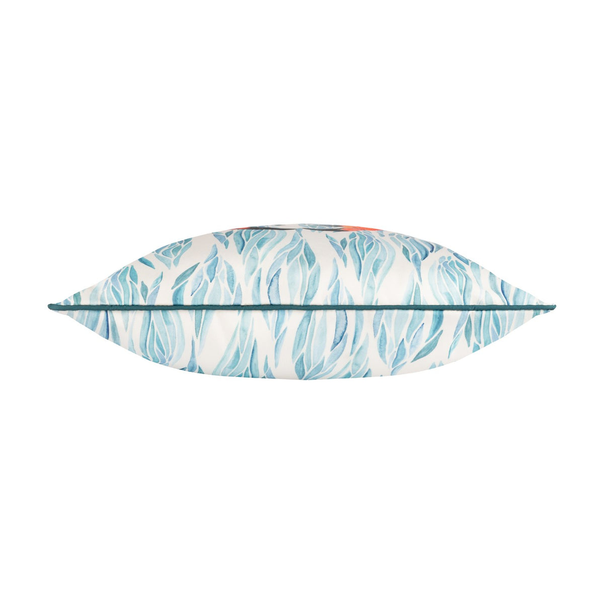 Side view of the Abersoch Abstract polyester cushion in Marine, showing its flat profile with a blue teal seaweed-print pattern and matching piped edge on a white background.