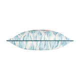 Side view of the Abersoch Abstract polyester cushion in Marine, showing its flat profile with a blue teal seaweed-print pattern and matching piped edge on a white background.