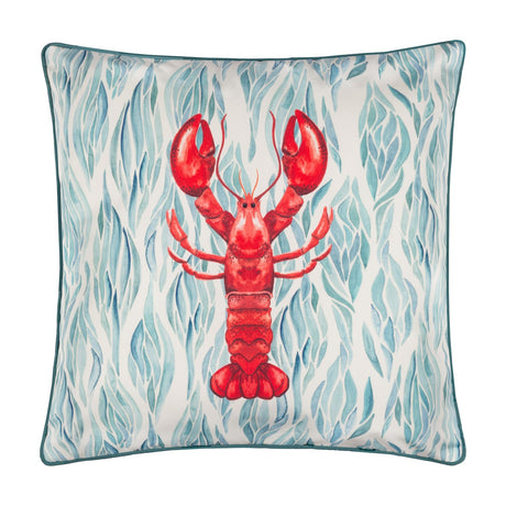 Abersoch Abstract Polyester Cushion in Marine, square with teal piped edge, hand-painted red lobster on cream ground with blue-green leaf patterns.