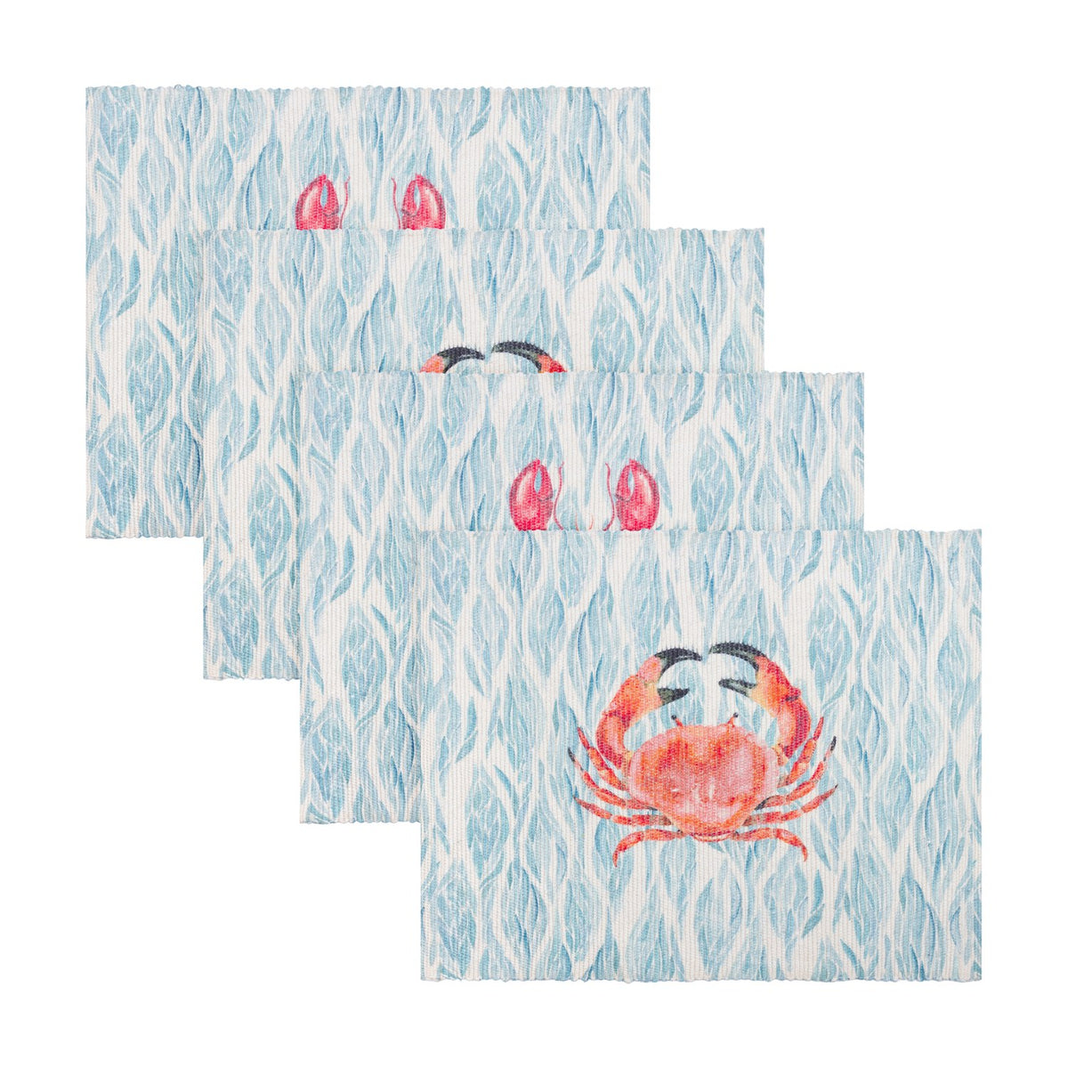 Set of four Abersoch fabric placemats in blue with a wavy coastal print, each featuring coral-red crab or lobster motifs, arranged fanned out on a white background.