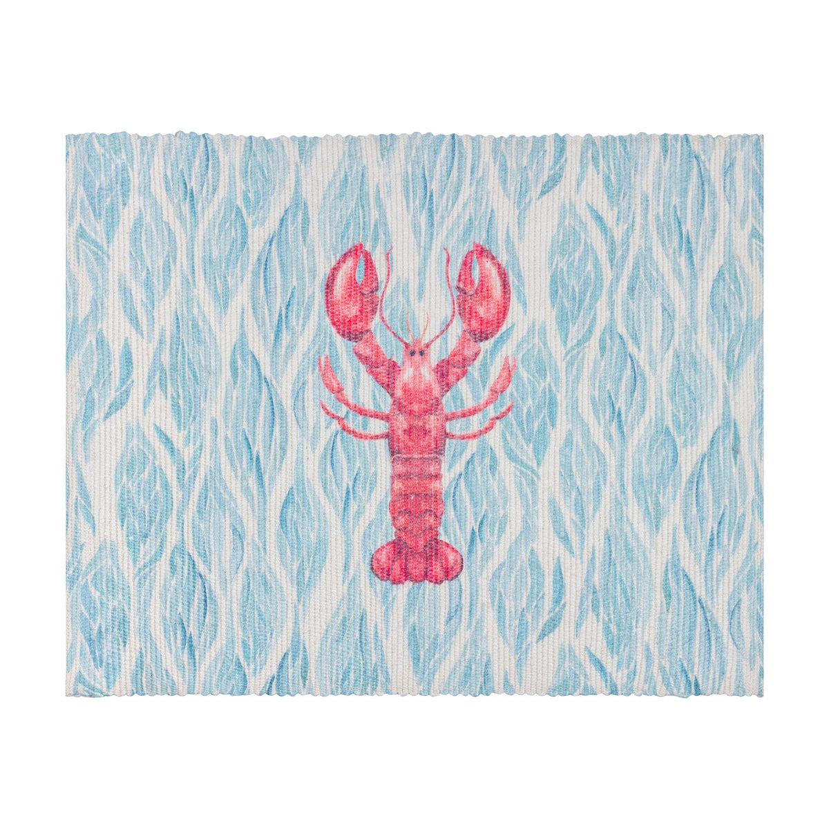 Abersoch Abstract Polyester Placemat in Marine, rectangular woven fabric mat with a pink lobster motif on a blue and white flowing coastal pattern, shown on a white background.