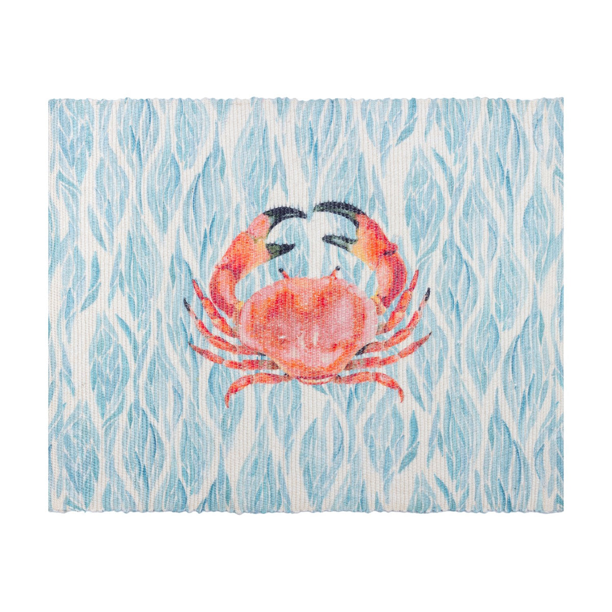 Abersoch Abstract Polyester Placemat in Marine, rectangular with a coral crab motif on a wavy blue and white coastal-inspired background, shown on a plain white surface.