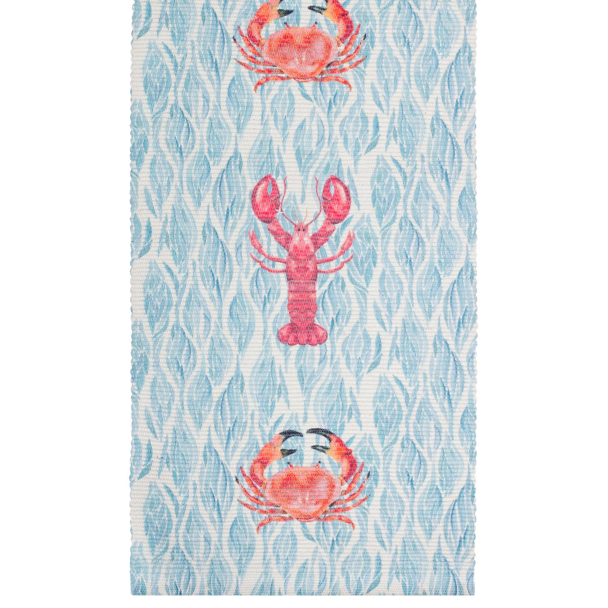 Abersoch Abstract Polyester Table Runner in Marine, woven fabric with pink crabs and a lobster on a blue watery abstract print, shown on a plain white background.