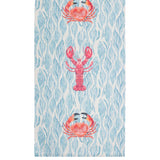 Abersoch Abstract Polyester Table Runner in Marine, woven fabric with pink crabs and a lobster on a blue watery abstract print, shown on a plain white background.
