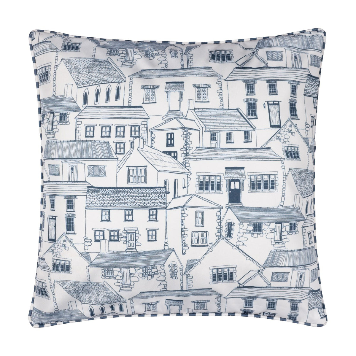 Square Abersoch Town reversible polyester cushion with hand-drawn blue coastal town houses on a white ground and striped piped trim edging, shown on a plain background.