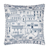 Square Abersoch Town reversible polyester cushion with hand-drawn blue coastal town houses on a white ground and striped piped trim edging, shown on a plain background.