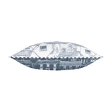 Abersoch Town reversible polyester cushion shown edge-on, revealing both faces with a hand-drawn coastal town design in blue-on-white and white-on-sail-blue, finished with striped piped trim.