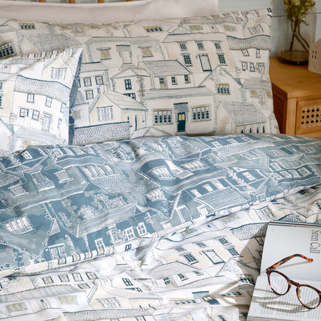 Abersoch Town Cotton Reversible Duvet Cover Set - Sea Blue