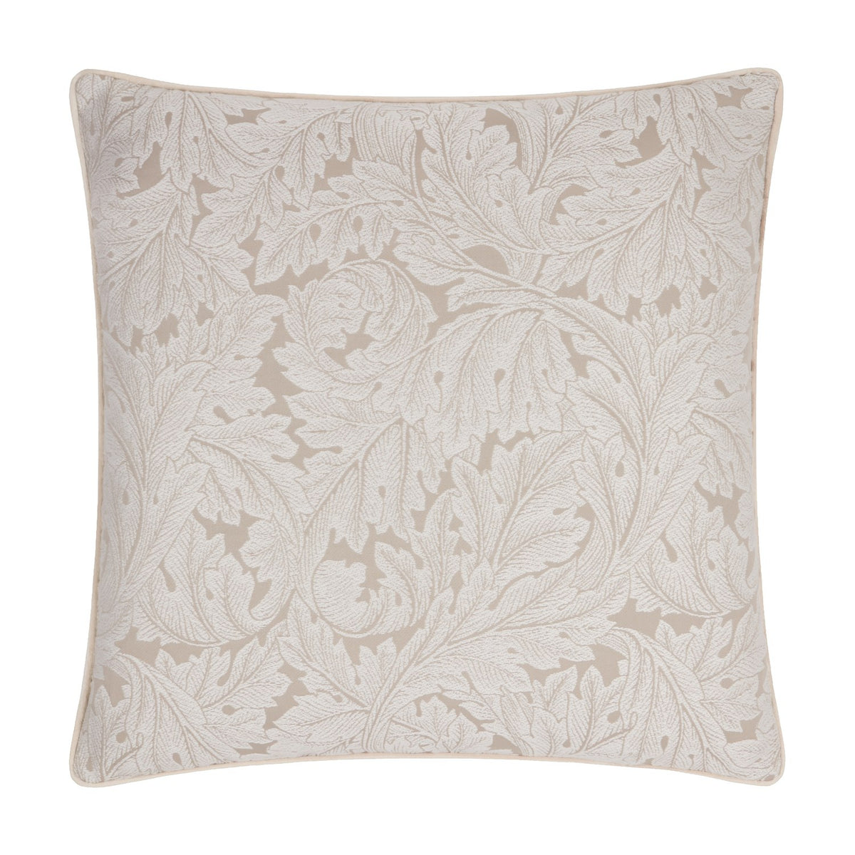 Acanthus Jacquard Linen Cushion in cream, a square cushion with a woven acanthus leaf pattern and cream piping edge, shown on a plain white background.