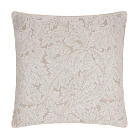 Acanthus Jacquard Linen Cushion in cream, a square cushion with a woven acanthus leaf pattern and cream piping edge, shown on a plain white background.