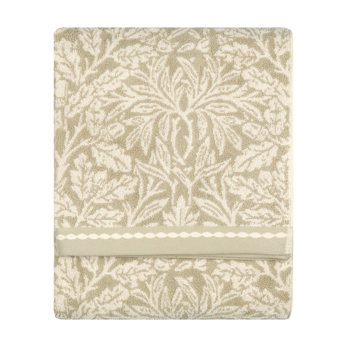 Folded Acorn Jacquard cotton towel in natural beige and cream, featuring a woven acorn and oak-leaf pattern with a scalloped braid border, shown on a plain white background.