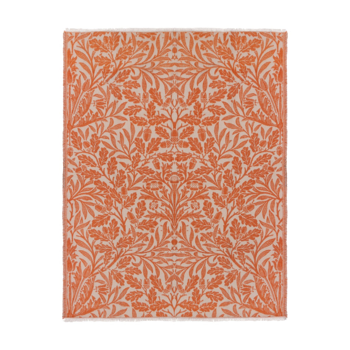 Acorn Tonal Jacquard Cotton Blend Throw in brick orange, featuring an all-over oak leaf and acorn botanical pattern on cream, shown with fringed edges on a plain white background.