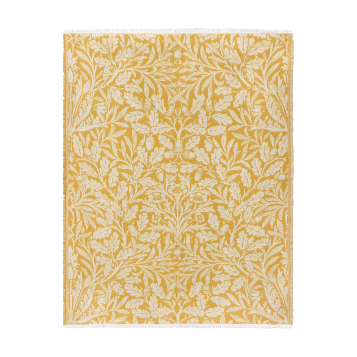 Acorn Tonal Jacquard Cotton Blend Throw in gold and cream, woven with an oak leaf and acorn pattern, finished with fringed edges on a plain white background.