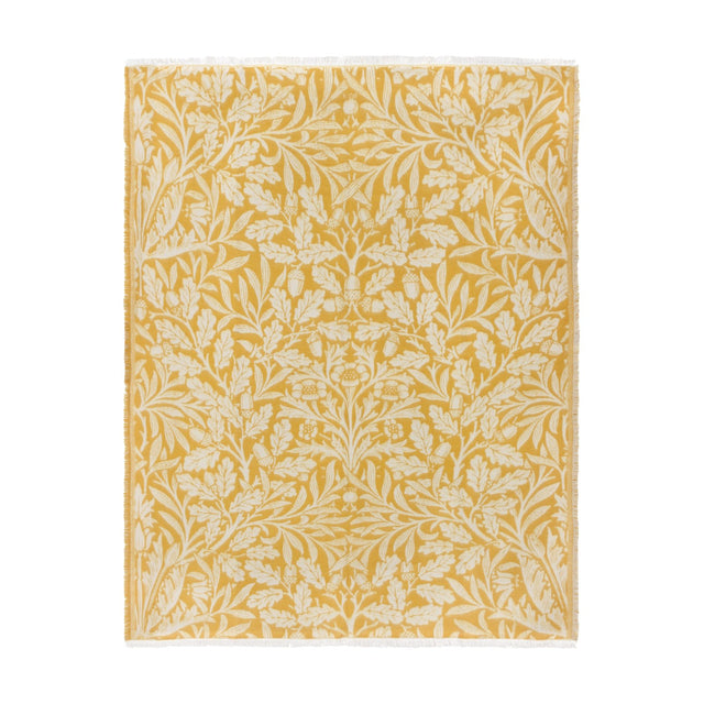 Acorn Tonal Jacquard Cotton Blend Throw in gold and cream, woven with an oak leaf and acorn pattern, finished with fringed edges on a plain white background.