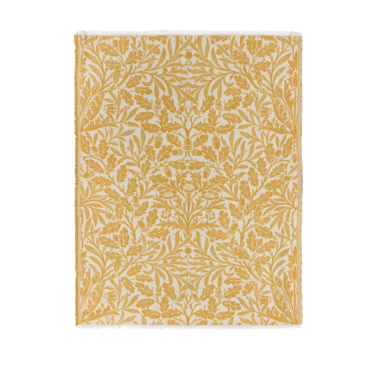 Acorn Tonal Jacquard Cotton Blend Throw in gold and cream, woven with an oak leaf and acorn pattern, finished with fringed edges on a plain white background.