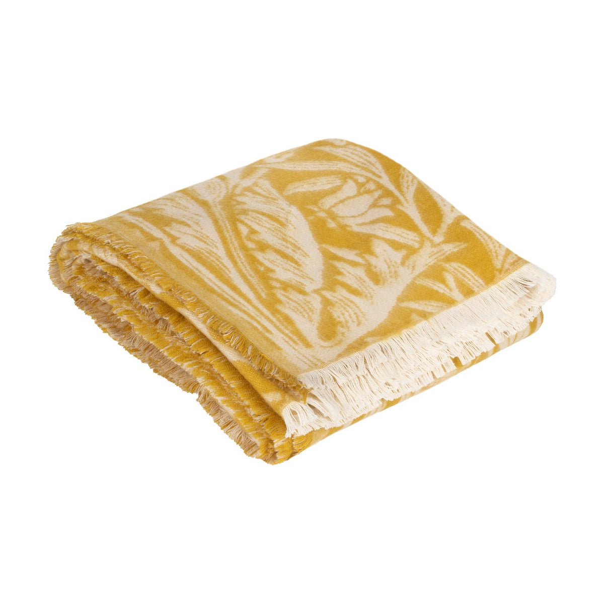 Folded Acorn Tonal Jacquard Cotton Blend Throw in gold and cream, showing a leaf and acorn woven pattern with fringed edges, on a plain white background.