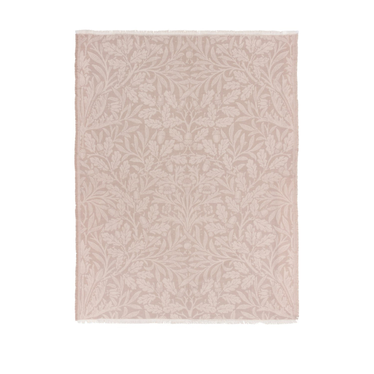 Acorn Tonal Jacquard Linen Throw in beige, woven with a leaf and acorn pattern, fringed edges, shown flat on a plain white background.