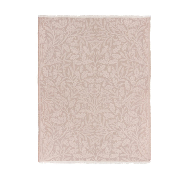 Acorn Tonal Jacquard Linen Throw in beige, woven with a leaf and acorn pattern, fringed edges, shown flat on a plain white background.