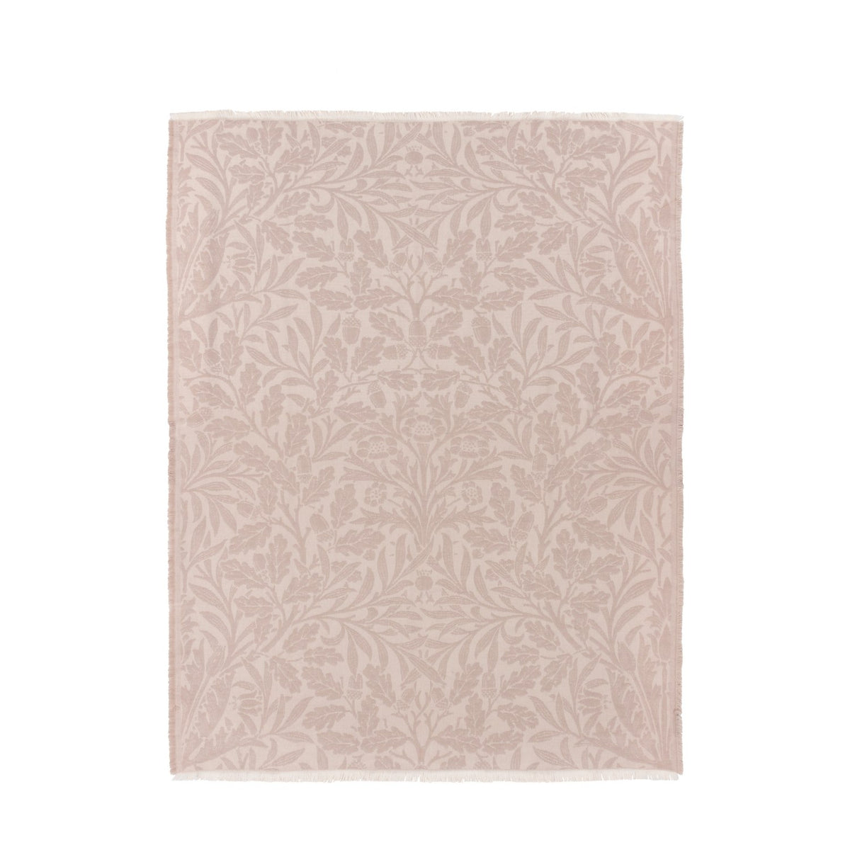 Acorn Tonal Jacquard Linen Throw in beige, woven with a tonal oak leaf and acorn pattern and fringed edges, shown on a plain white background.