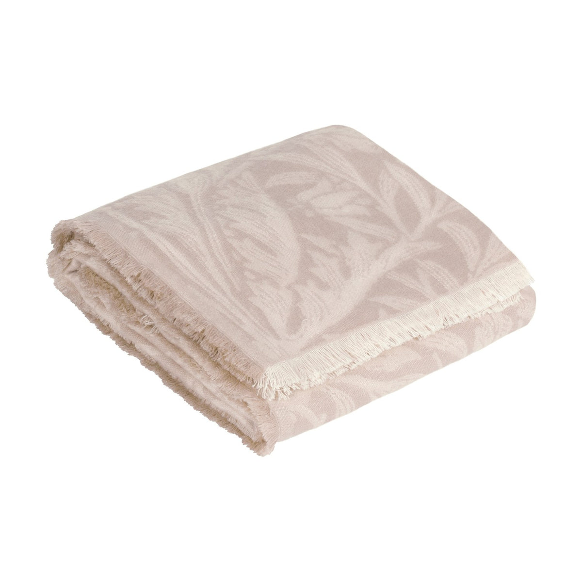 Acorn Tonal Jacquard Linen Throw in beige, folded to show a woven leaf and acorn pattern with a fringed edge, on a plain white background.