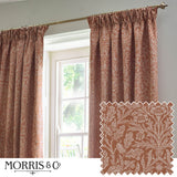 Acorn Tonal Jacquard Polyester Pencil Pleat Curtains in brick, showing a woven acorn branch pattern in pale cream, hung by a window with a fabric swatch inset.