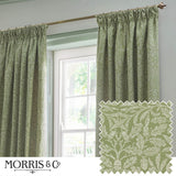 Sage green pencil pleat curtains with tonal Acorn jacquard foliage pattern, shown hanging beside a window, with a fabric swatch sample inset below.