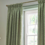 Sage green pencil pleat curtains with a tonal Acorn foliage jacquard pattern, hung from a brass pole beside a white-framed window.