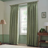 Sage green pencil pleat curtains with a tonal Acorn jacquard leaf pattern, shown framing a window in a living room with pale green walls.