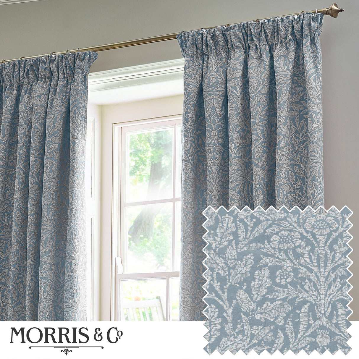 Acorn Tonal Jacquard Polyester Pencil Pleat Curtains - Wedgewood