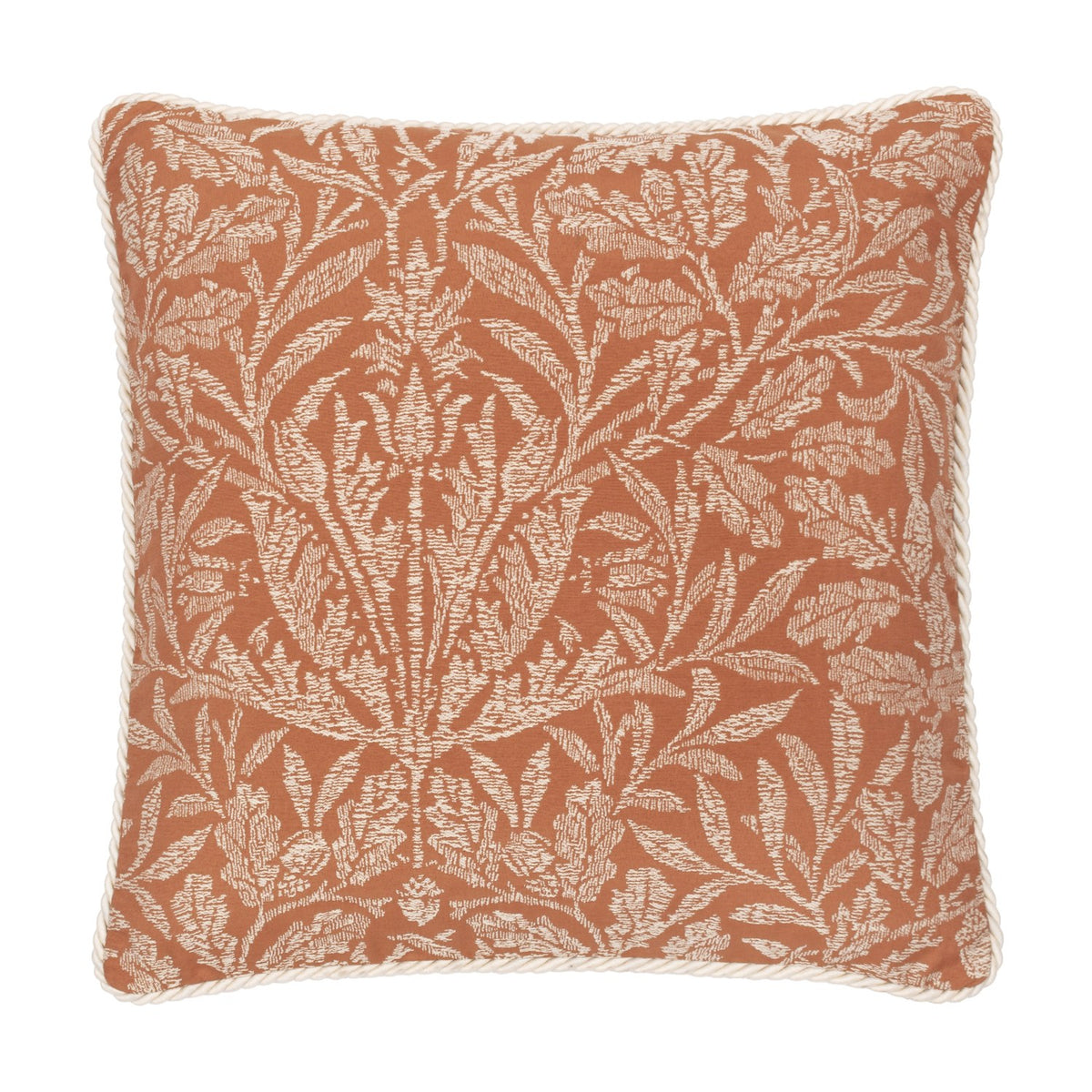 Acorn Tonal Jacquard Polyester Cushion in brick orange, a square cushion woven with a mirrored cream oak-leaf and acorn motif, finished with matching cream cord piping on a plain white background.