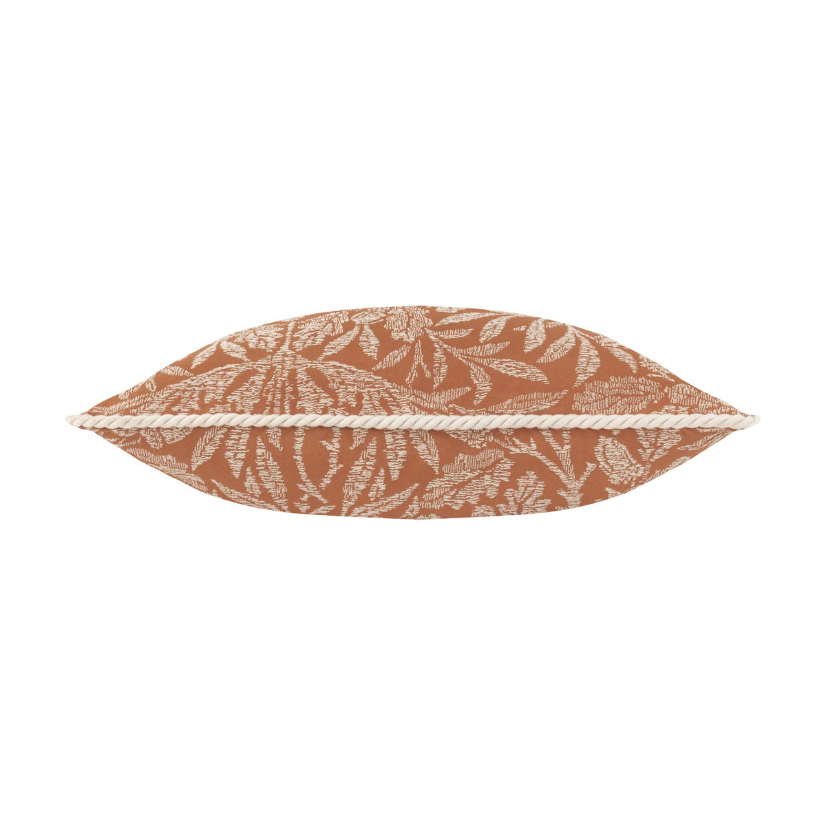 Acorn Tonal Jacquard Polyester Cushion in brick orange with cream mirrored oak leaf and acorn woven pattern, edged with a cream twisted cord trim, shown against a plain white background.