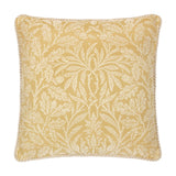 Square gold jacquard cushion with woven cream Acorn branch and foliage pattern, finished with matching twisted cord piping, shown on a white background.
