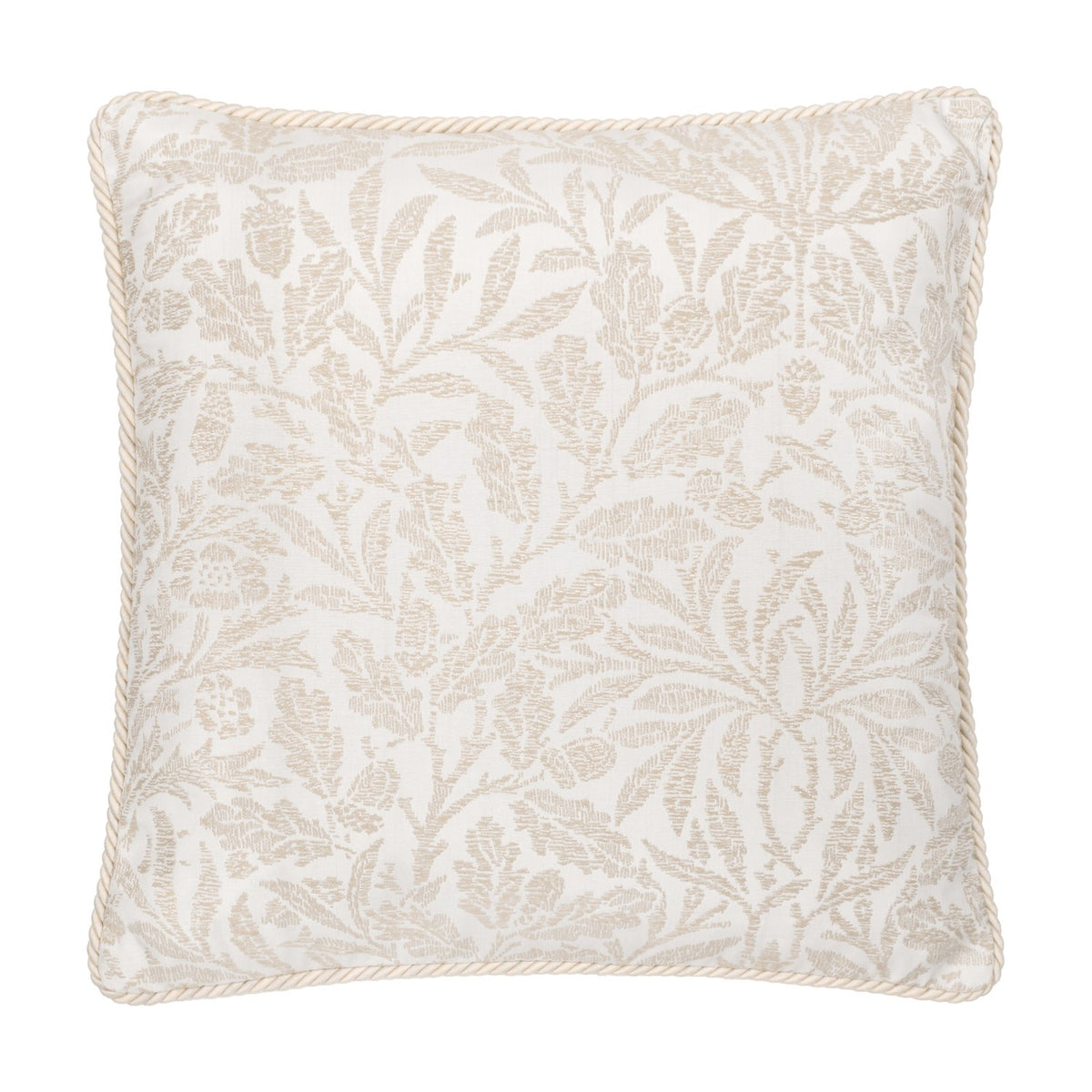 Square Acorn Tonal Jacquard cushion in ivory, woven with a mirrored acorn branch pattern and finished with a twisted cord trim, shown on a plain white background.