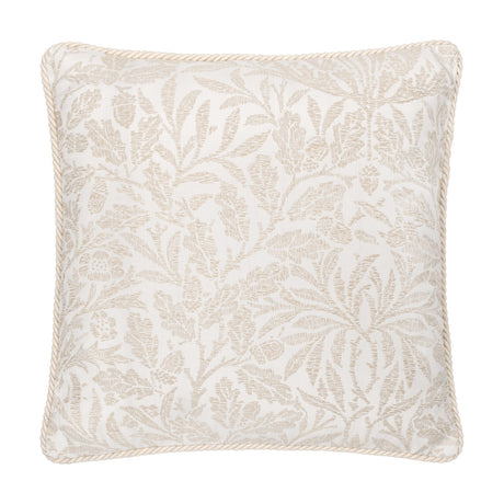Square Acorn Tonal Jacquard cushion in ivory, woven with a mirrored acorn branch pattern and finished with a twisted cord trim, shown on a plain white background.