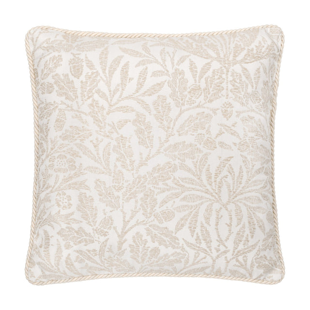 Square Acorn Tonal Jacquard cushion in ivory, woven with a mirrored acorn branch pattern and finished with a twisted cord trim, shown on a plain white background.
