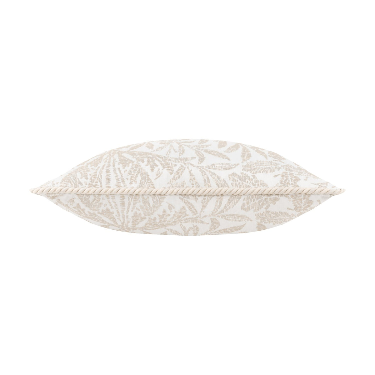 Acorn Tonal Jacquard Polyester Cushion in ivory, shown edge-on with corded piping trim and a mirrored acorn branch pattern woven into the fabric, on a plain white background.