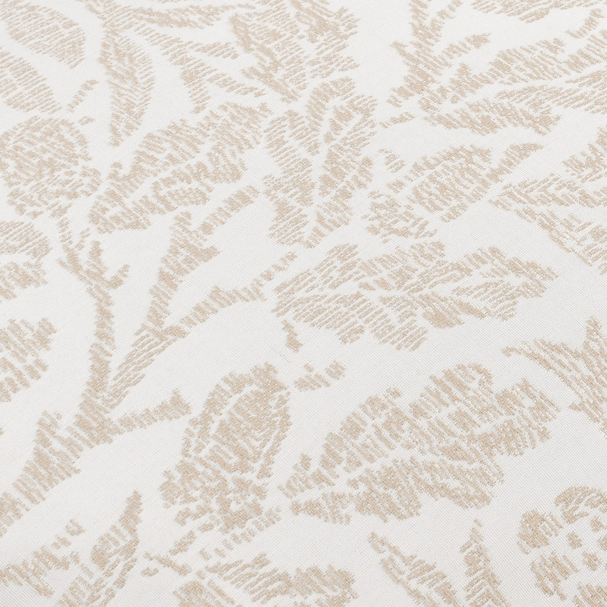 Close-up of the Acorn Tonal Jacquard Polyester Cushion in ivory, showing a mirrored acorn branch pattern woven in tonal beige on textured fabric.