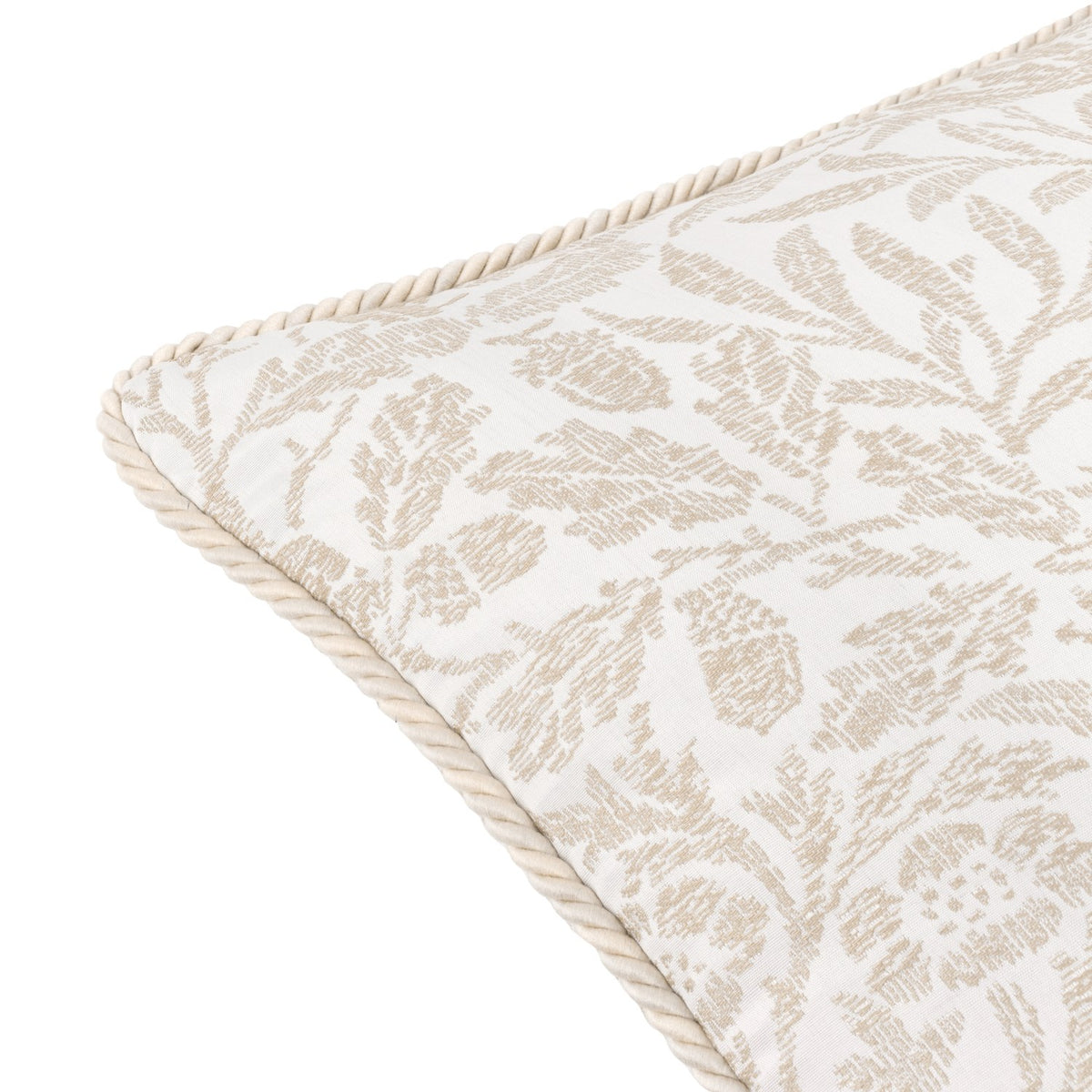 Close-up of the Acorn Tonal Jacquard Polyester Cushion in ivory, showing woven acorn branch pattern and twisted cord edge trim on a white background.