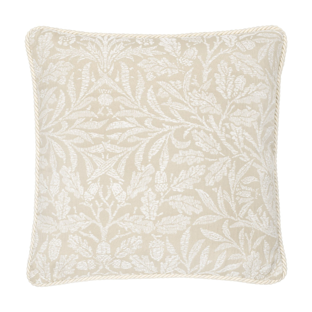 Square cushion in Acorn tonal jacquard, showing white branching leaf and acorn motifs on a natural linen-toned ground with cream cord piping, on a white background.
